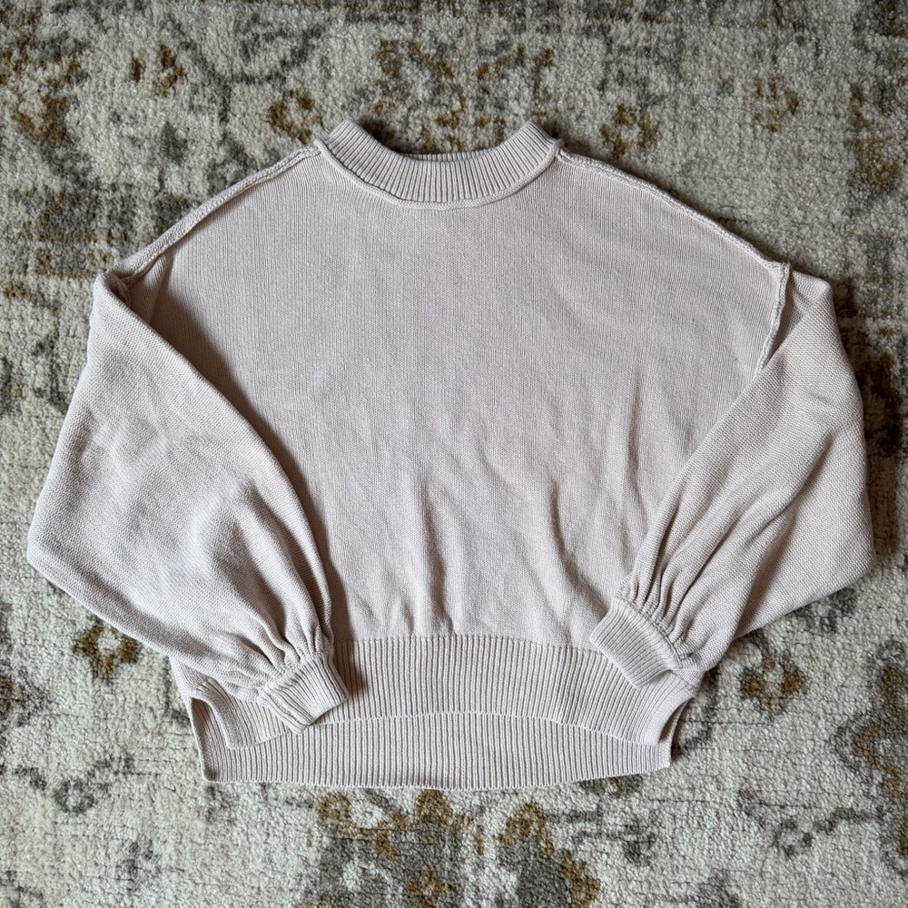 Blu Pepper Cream Raw Edge Cotton Cropped Balloon Sleeve Sweater Size Small